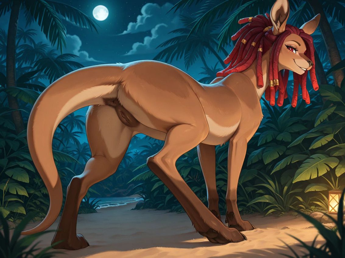 anus beach dark_anus darkened_genitalia darkened_pussy dreadlocks female feral genitals hair looking_at_viewer moon night outside pawpads paws pussy red_eyes red_hair seaside solo spreading marav01 merah_(marav01) kangaroo macropod mammal marsupial