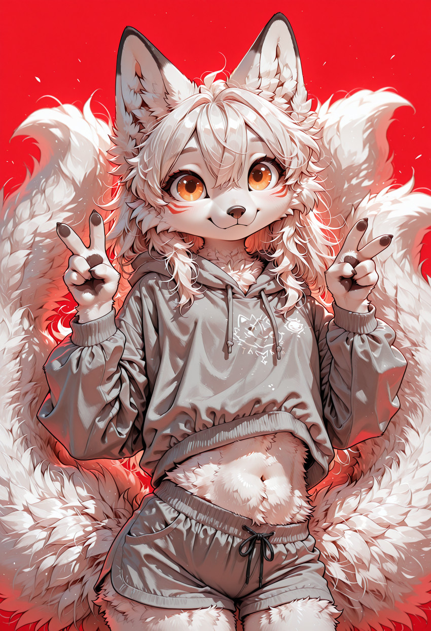 5_fingers anthro black_body black_fur bottomwear bow_ribbon cheek_tuft claws clothed clothing dipstick_ears ears_up eyeliner facial_tuft female fingers fluffy fox_ears fox_tail front_view fur gesture hair hoodie long_hair looking_at_viewer makeup multi_tail multicolored_ears navel partially_clothed pawpads raised_tail red_background shorts simple_background smile solo standing tail topwear tuft v_sign white_body white_fur white_hair yellow_eyes young neural_bunny canid canine fox mammal absurd_res hi_res