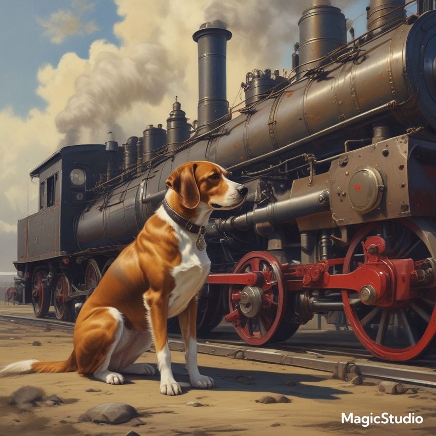 4_toes black_nose brown_body brown_fur claws cloud collar day dipstick_tail feet feral fur male markings multicolored_body multicolored_fur outside railway rock sitting smoke solo steam_engine tail_markings toes white_claws cow_of_fire canid canine canis domestic_dog mammal 1:1 shaded