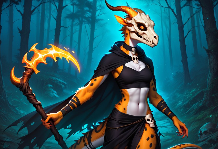 anthro choker clothed clothing female fog forest fur glowing glowing_eyes horn jewelry mask necklace night orange_body orange_eyes orange_fur plant skull_mask solo spots staff standing tree white_body white_fur woods fiery_fox furred_kobold kobold