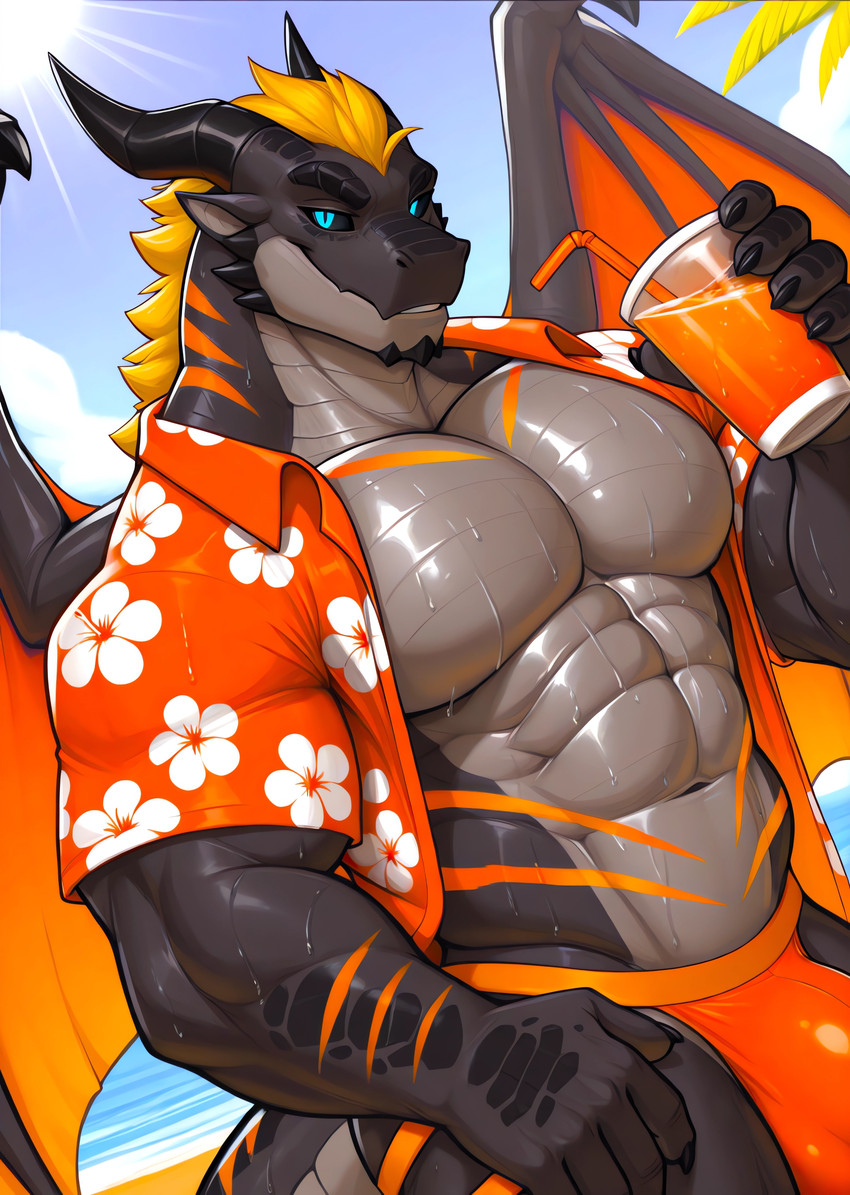 5_fingers abs aloha_shirt anthro beach beverage biceps biped black_body black_horn black_scales black_sclera blonde_hair blue_eyes bodily_fluids bulge chin_spikes claws clothed clothing container countershading cup facial_spikes fangs fingers grey_body grey_countershading hair holding_cup holding_object horn jockstrap looking_at_viewer male membrane_(anatomy) membranous_wings multicolored_body multicolored_scales muscular muscular_anthro muscular_male mythology open_clothing open_shirt open_topwear orange_clothing orange_stripes outside palm_tree pattern_clothing pattern_shirt pattern_topwear pecs plant pupils scales seaside shirt sky slit_pupils solo spikes spikes_(anatomy) standing stripes sweat sweaty_arms sweaty_body sweaty_chest topwear tree two_tone_body two_tone_scales underwear water wings luuklook kaleth_(kalethorebiter) dragon mythological_creature mythological_scalie scalie western_dragon absurd_res digital_media_(artwork) hi_res