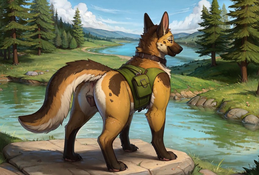 animal_genitalia animal_pussy anus black_nose butt canine_genitalia canine_pussy clothing collar detailed_background digitigrade female feral fur genitals landscape looking_at_viewer looking_back multicolored_body multicolored_fur neck_tuft orange_eyes plant presenting presenting_hindquarters pussy rear_view river solo standing tan_body tan_fur topwear tree tuft vest water wiinter canid canine canis domestic_dog german_shepherd herding_dog mammal pastoral_dog hi_res