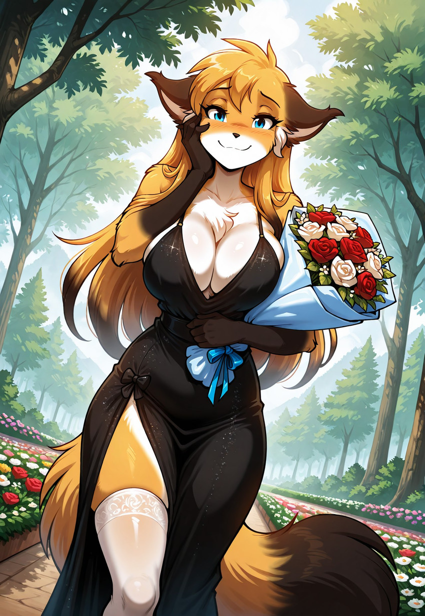 anthro big_breasts blue_eyes blush bouquet bow_ribbon breast_squish breasts brown_hair chest_tuft clothing cloud crossgender dress dutch_angle female flower flower_bouquet foggy front_view full_cleavage fur garden hair hand_on_cheek holding_bouquet holding_flower holding_object legwear long_hair looking_at_viewer orange_body orange_fur orange_hair outside plant prompt side_boob sky slit_dress smile solo squish standing stockings thigh_highs tree tuft white_body white_fur yan twokinds mike_(twokinds) canid canine fox mammal 2025 hi_res portrait three-quarter_portrait