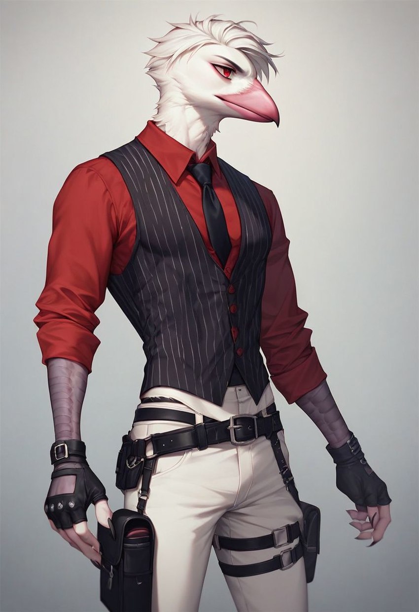 albino anthro belt belt_pouch bottomwear clothing feather_hair feathers fingerless_gloves gloves hair handwear holster looking_away male male_focus necktie pants pattern_clothing pink_beak pseudo_hair red_eyes rolled_up_sleeves shirt short_hair simple_background solo solo_focus standing striped_clothing stripes talons topwear vest white_body white_feathers white_hair rune_parrot avian bird corvid magpie_(corvid) oscine passerine hi_res portrait three-quarter_portrait