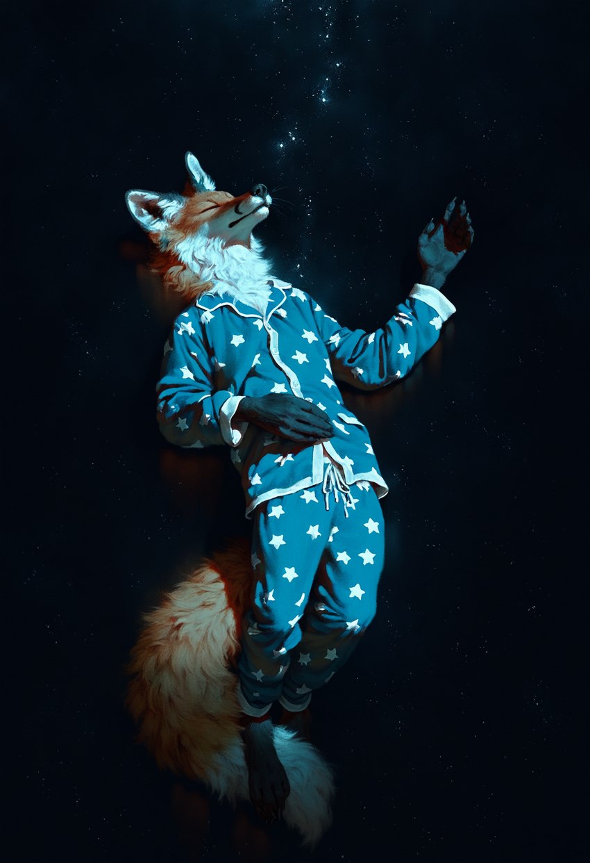 5_fingers barefoot black_body black_fur black_nose claws clothed clothing cosmic_background dipstick_tail eyes_closed feet fingers fluffy fluffy_tail fur lying male markings on_back orange_body orange_fur pajamas sleeping solo star tail tail_markings tuft whiskers white_body white_fur anonymous_director canid canine fox mammal red_fox hi_res