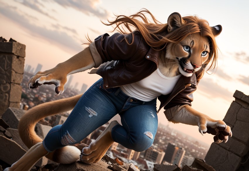 anthro blue_eyes bottomwear chasing city city_background clothed clothing cloudy denim denim_clothing digitigrade female hair jacket jeans long_hair pants ponyrealism_(model) red_hair rubble running shirt smile solo topwear director_crashbandit cougar felid feline mammal pantherine novelai