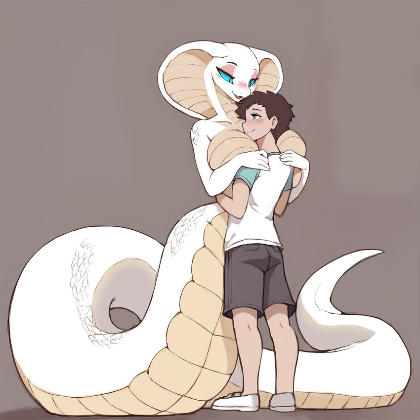 anthro apode bedroom_eyes between_breasts big_breasts blush breasts duo featureless_breasts female huge_breasts hugging human_on_anthro interspecies legless looking_at_another looking_at_partner male male/female narrowed_eyes scales seductive serpentine size_difference smile white_body white_scales koboldcollector cobra draconcopode human mammal naga reptile scalie snake absurd_res hi_res