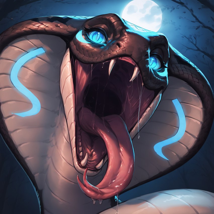 ambiguous_gender black_body black_scales blue_eyes bodily_fluids branch drooling fangs feral forked_tongue gaping_mouth glowing glowing_eyes glowing_markings markings moon mouth_shot night night_sky open_mouth saliva scales solo tongue vore loganth reptile scalie snake hi_res