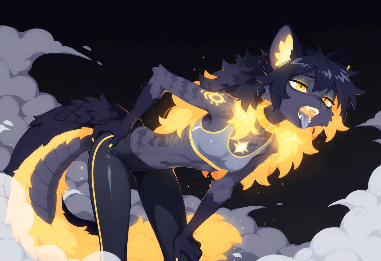 anthro bent_over bra clothing collar colored_nails exhausted fangs female fur glowing glowing_hair grey_body grey_fur grey_tongue hair hand_on_hip hand_on_leg highlights_(coloring) leggings legwear nails open_mouth pupils scalie_tail slim slit_pupils solo sports_bra stripes teeth tongue tongue_out underwear yellow_eyes yellow_nails seli-32 felid feline felis mammal hi_res
