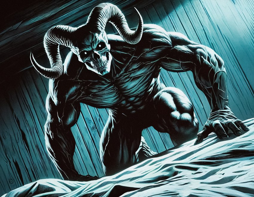 2_horns 4_fingers abs bed bed_sheet bedding biceps big_abs big_biceps big_deltoids big_forearm_muscles big_muscles big_pecs big_quads big_trapezius big_triceps biped black_body black_skin blanket bone bovid_horn broad_shoulders caprine_horn crawling curled_horn curved_horn dall-e_3 dark_body dark_skin deltoids detailed_background dutch_angle empty_eyes fingers forearm_muscles front_view furniture head_horn horn huge_abs huge_biceps huge_deltoids huge_forearm_muscles huge_muscles huge_pecs huge_quads huge_triceps humanoid_hands inside kneeling light looking_at_viewer male monotone_body monotone_skin muscular muscular_arms muscular_humanoid muscular_legs muscular_male muscular_thighs nude nude_humanoid nude_male obliques on_bed pecs quads ram_horn ridged_horn scary serratus skull skull_head smile smiling_at_viewer solo teeth thick_neck trapezius triceps vein veiny_arms veiny_muscles wall_(structure) wood wood_wall zenithwolf demon demon_humanoid horned_humanoid humanoid monster mythological_creature sleep_paralysis_demon wendigo 9:7 blue_theme cool_colors detailed digital_drawing_(artwork) digital_media_(artwork) hatching_(art) hi_res high_contrast lighting portrait shaded three-quarter_portrait