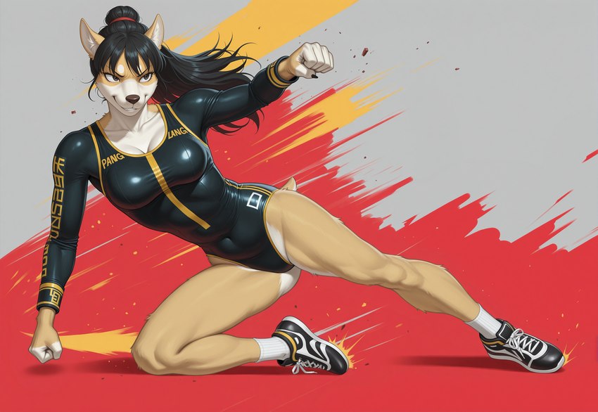 anthro black_hair clothing female fist footwear hair leotard martial_arts punch shoes small_tail smile smirk sneakers solo gusc3 canid canine mammal hi_res