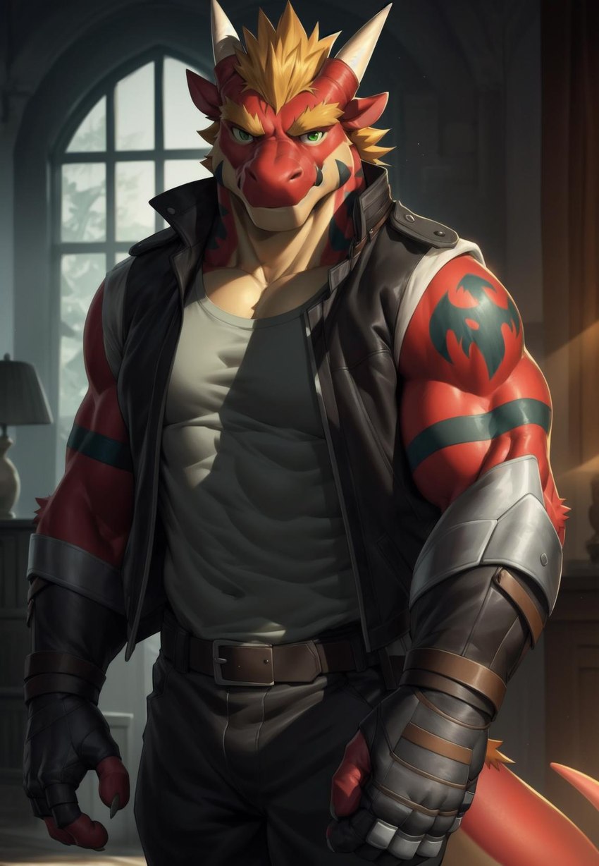 2023 anthro belt blonde_eyebrows blonde_hair clothed clothing eyebrows gloves green_eyes hair handwear inside looking_at_viewer male muscular muscular_anthro muscular_male red_body solo tattoo window indigowing delga dragon scalie western_dragon colored hi_res