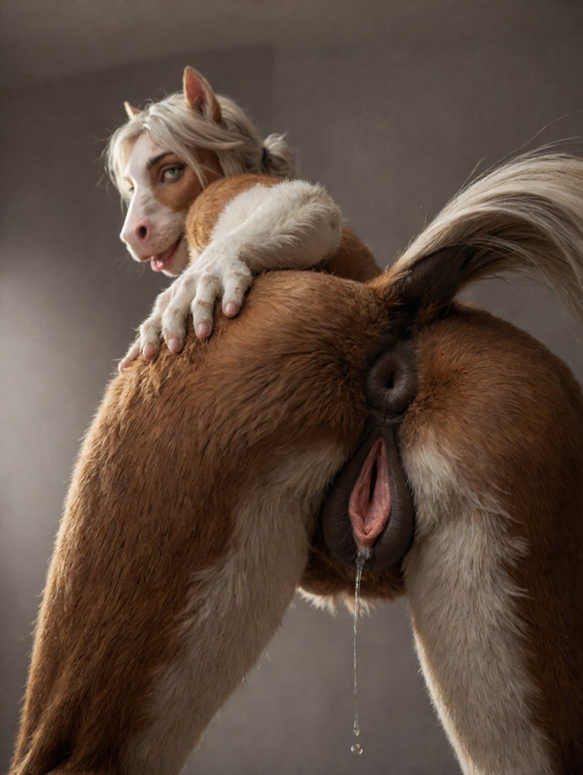 alternate_species animal_ears animal_genitalia animal_pussy anthro anus bodily_fluids brown_body brown_fur butt butt_focus dock_(anatomy) dripping equine_pussy female fur genital_fluids genitals green_eyes hair hand_on_butt looking_at_viewer looking_back looking_back_at_viewer low-angle_view open_mouth presenting presenting_hindquarters presenting_pussy pussy pussy_juice pussy_juice_drip realistic realistic_fur solo tail white_body white_fur white_hair nealime ciri equid equine horse mammal absurd_res hi_res