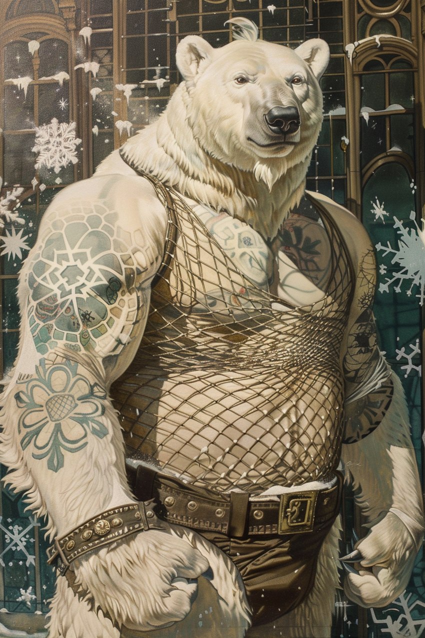 anthro belt bracelet clothing fishnet fishnet_clothing fishnet_topwear jewelry male pattern_fur snow snowflake solo tattoo topwear bahufaru dexter_cullen_(bahufaru) mammal polar_bear ursid ursine hi_res