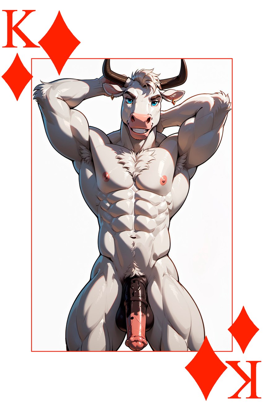 abs animal_ears animal_genitalia animal_penis anthro armpit_hair armpit_showing balls big_penis blue_eyes body_hair card chest_hair chest_tuft ear_piercing ear_ring equine_penis eyebrows fur genitals hair hands_behind_head horn looking_at_viewer male male_focus muscular muscular_male navel nipples penis piercing playing_card poker ring_piercing short_hair solo solo_focus standing teeth thick_thighs tuft white_body white_fur white_hair director_yeenashaven bovid bovine cattle mammal absurd_res hi_res portrait three-quarter_portrait