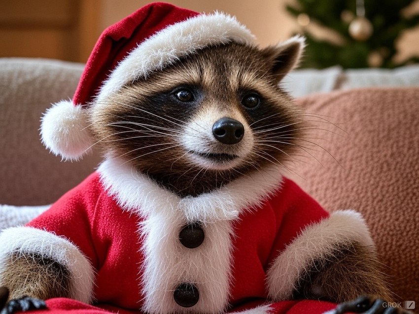 anthro christmas_clothing christmas_headwear christmas_tree clothing costume furniture hat headgear headwear male paws plant santa_costume santa_hat sitting sofa solo tree whiskers chastity_coyote_(director) mammal procyonid raccoon