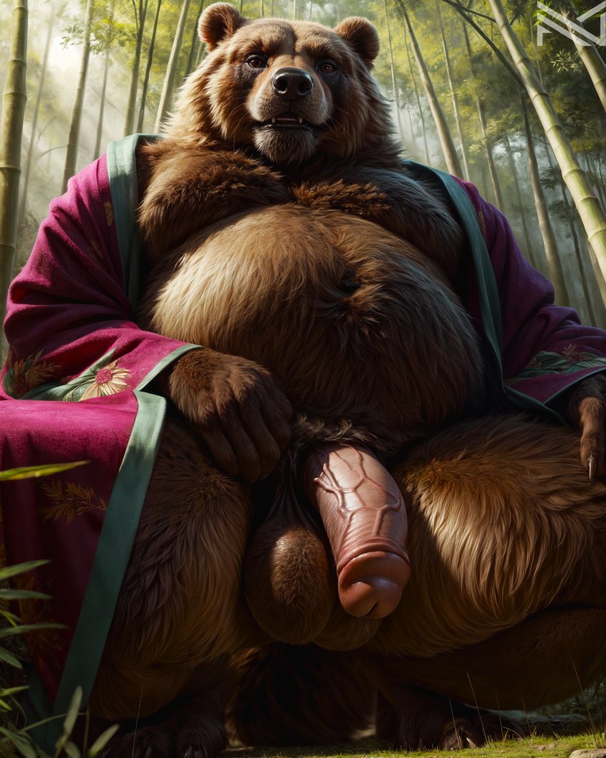 anthro asian_clothing balls bamboo belly big_balls big_penis brown_body brown_fur clothed clothing detailed_background detailed_fur east_asian_clothing flaccid forest fur genitals glans humanoid_genitalia humanoid_penis japanese_clothing kimono kneeling looking_at_viewer male musclegut mythology navel nude on_knees outdoor outside partially_clothed pecs penis plant presenting realistic slightly_chubby solo thick_thighs tree tuft vein veiny_penis view_from_below notte canid canine mammal raccoon_dog tanuki 4k absurd_res alternate_version_at_source colored colorful detailed digital_media_(artwork) hi_res portrait shaded soft_shading three-quarter_portrait warm_colors