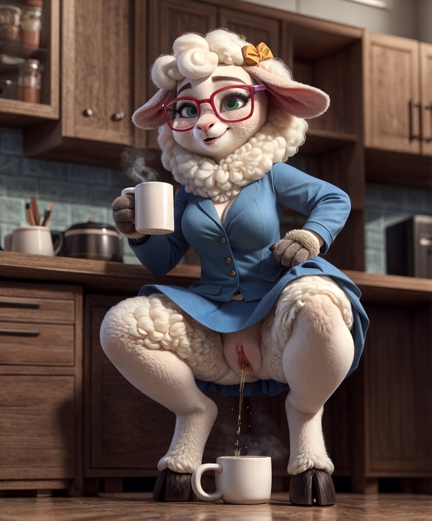 anthro bodily_fluids bottomless bottomless_female clothed clothing female genital_fluids genitals humanoid_genitalia humanoid_pussy peeing pissing pussy solo urine urine_stream watersports zootopia director_lerrmot dawn_bellwether bovid caprine mammal sheep hi_res