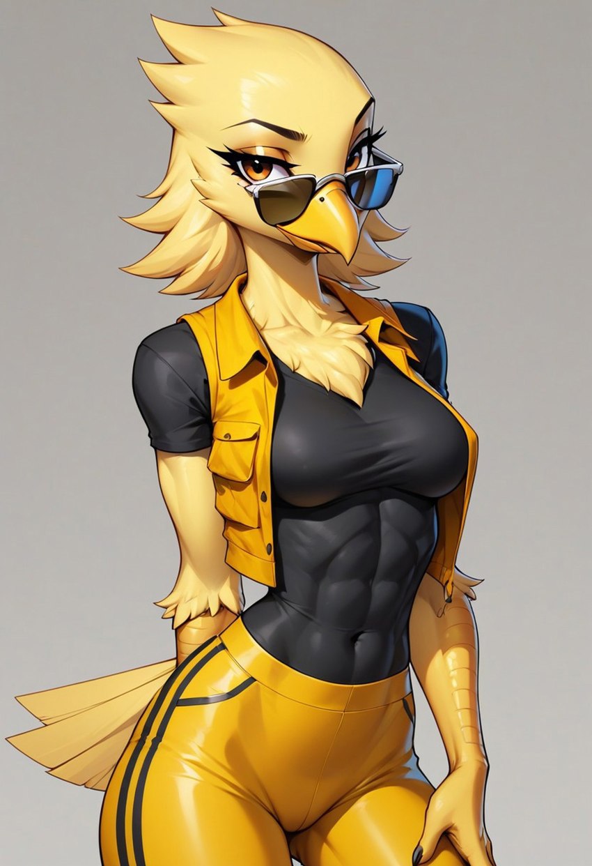 abs anthro beak bottomwear breasts chest_tuft clothing eyelashes eyewear feather_hair feathers female female_focus looking_at_viewer medium_breasts navel_outline non-mammal_breasts pants pseudo_hair shirt simple_background slim small_waist solo solo_focus standing sunglasses t-shirt tail_feathers tight_clothing topwear track_pants tuft vest yellow_beak yellow_body yellow_eyes yellow_feathers rune_parrot avian bird canary finch oscine passerine hi_res portrait three-quarter_portrait