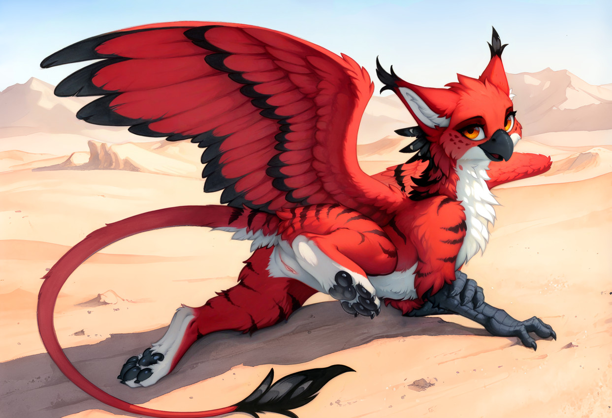 amber_eyes beak black_beak black_body black_feathers black_pawpads countershade_torso countershading ear_tuft feathered_wings feathers female feral genitals looking_at_viewer multicolored_body multicolored_feathers pawpads paws presenting presenting_pussy pussy raised_leg red_body red_feathers scuted_arms scutes solo stripes tail_tuft thin_tail tuft white_body white_countershading wings zakath gawa avian gryphon mythological_avian hi_res