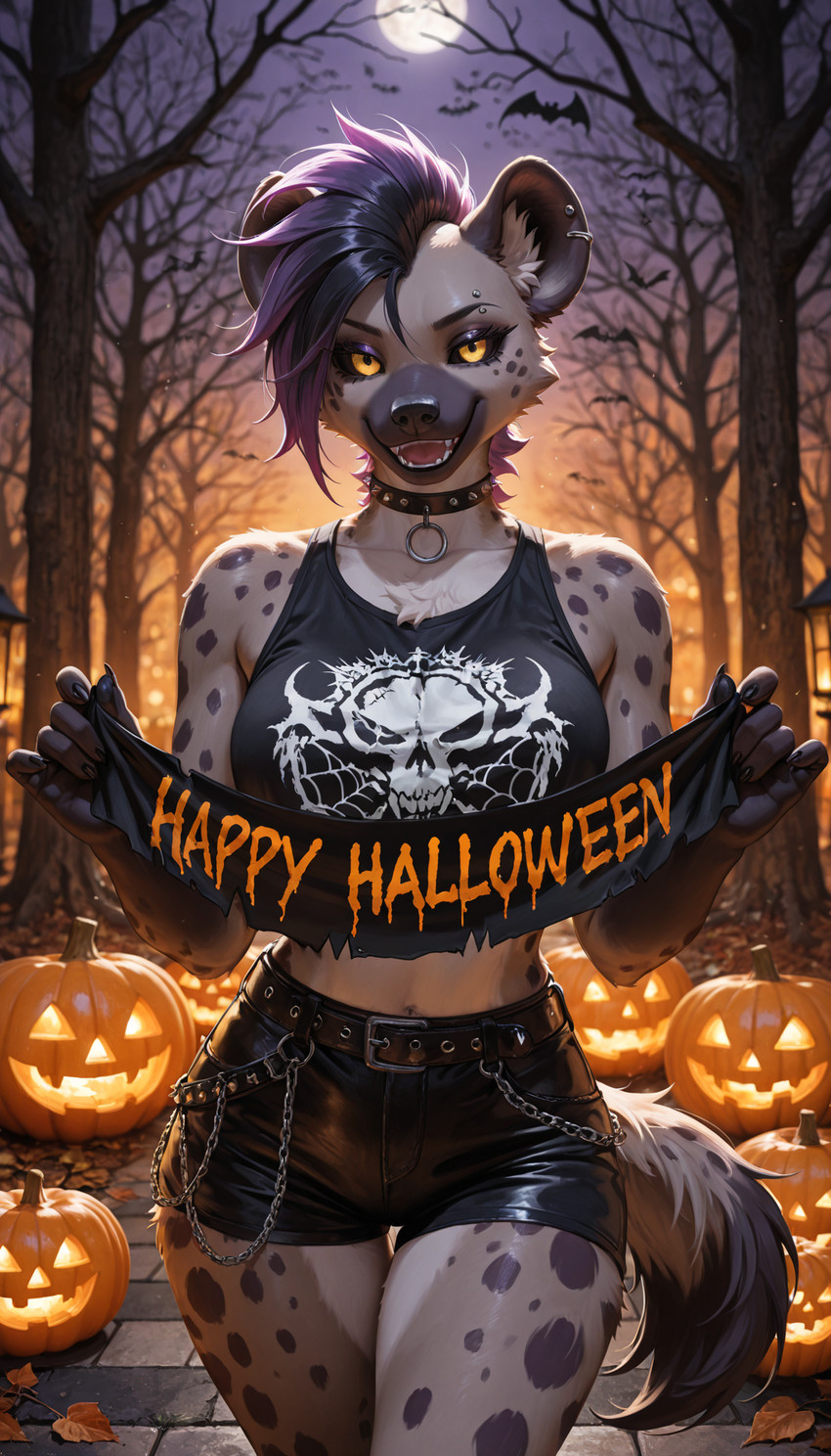 anthro autumn bare_shoulders belt belt_buckle big_breasts black_bottomwear black_choker black_clothing black_hair black_jewelry black_nails black_necklace black_sclera black_shirt black_shorts black_tank_top black_topwear bottomwear breasts brown_body brown_fur buckle chain chest_tuft choker clothed clothing colored_nails crop_top ear_piercing ear_ring eyebrow_piercing eyeshadow facial_piercing female food fruit full_moon fully_clothed fur hair halloween holding_object hotpants jack-o'-lantern jewelry looking_at_viewer makeup mascara midriff mohawk moon multicolored_body multicolored_fur multicolored_hair nails navel necklace night open_mouth outside piercing plant pumpkin punk punk_girl punk_hair purple_hair ring_piercing shirt shorts sky sleeveless smile snout solo spiked_choker spikes spots spotted_body spotted_fur standing tail tank_top text thigh_gap topwear tree tuft two_tone_body two_tone_fur two_tone_hair two_tone_tail yellow_eyes aellios halloween_2025 violet_(aellios) hyaenid mammal spotted_hyena 2025 english_text hi_res