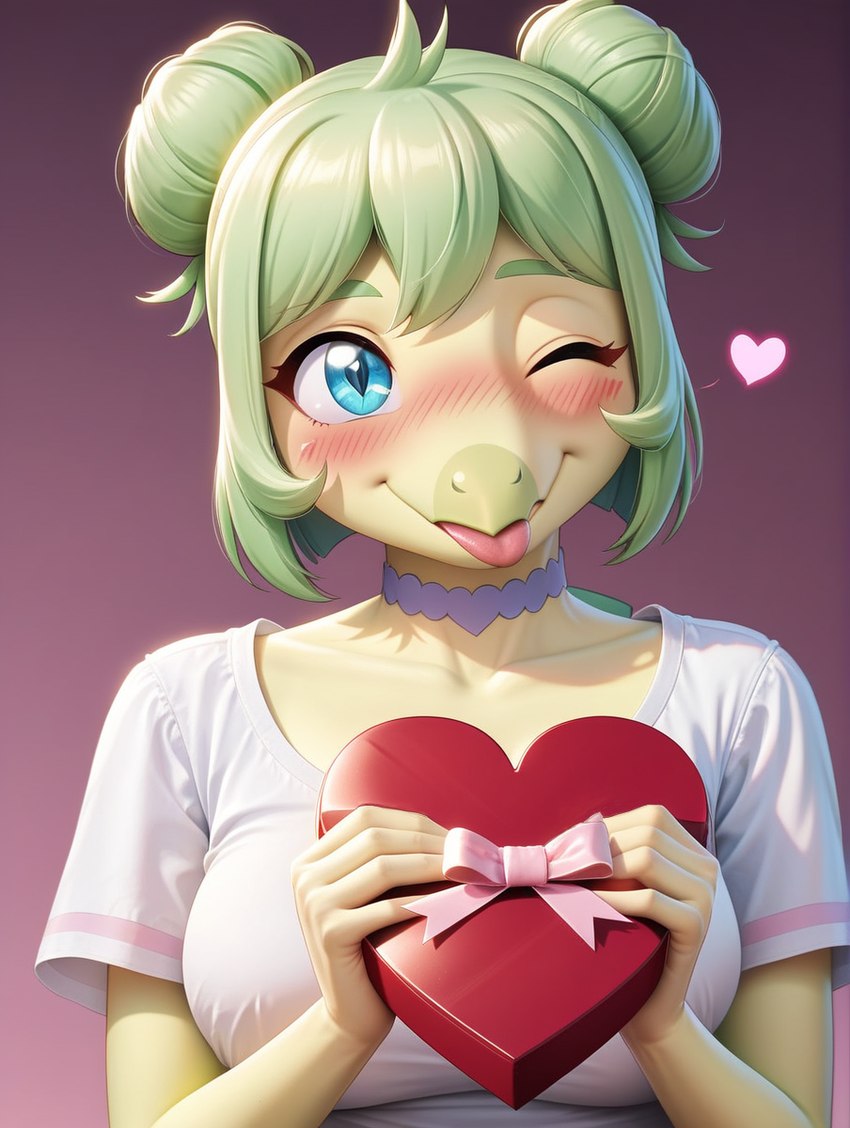 <3 anthro blue_eyes blush box_of_chocolates candy chocolate choker dessert face_blush female food green_body green_hair green_skin hair hair_bun happy head_tilt holding_object jewelry necklace smile solo tongue tongue_out winking kingkoom valentine's_day stella_(gvh) dinosaur ornithischian reptile scalie stegosaurian stegosaurus thyreophoran hi_res