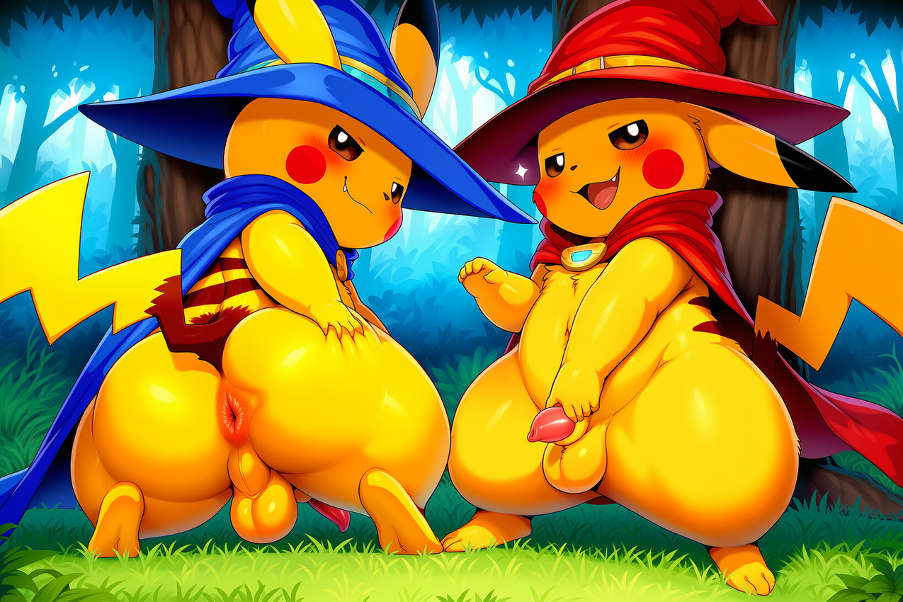 animal_genitalia animal_penis anthro anus backsack balls bedroom_eyes big_butt blush butt cape clothed clothing cute_fangs detailed_background duo erection fangs feet feral fingers forest fur genitals glistening glistening_body grass hand_on_butt hat headgear headwear holding_penis looking_at_viewer looking_back looking_back_at_viewer male male/male mostly_nude multicolored_ears narrowed_eyes open_mouth open_smile outside penis penis_tip perineum plant presenting presenting_anus presenting_balls presenting_hindquarters presenting_penis rear_view seductive semi-anthro sheath slightly_chubby smile spread_butt spreading standing tail take_your_pick tapering_penis teeth thick_thighs toes tongue tree wide_hips witch_hat wizard_hat yellow_balls yellow_body yellow_fur yellow_perineum jomisa nintendo pokemon generation_1_pokemon mammal pikachu pokemon_(species) digital_media_(artwork)
