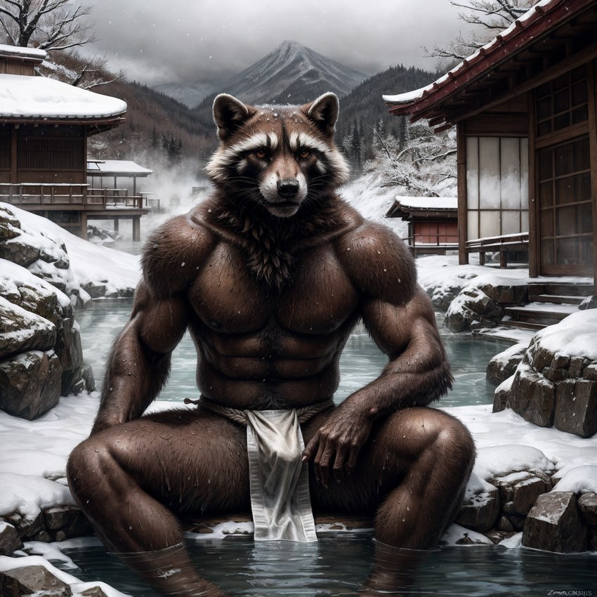 2024 abs anthro asian_clothing biceps black_nose brown_body brown_fur bulge chest_tuft clothed clothing east_asian_clothing fundoshi fundoshi_only fur hot_spring japan japanese_architecture japanese_clothing japanese_house male mountains muscular muscular_anthro muscular_male neck_tuft nipples partially_submerged pecs plant pubes rock sitting sitting_on_rock snow snow_on_branches snow_on_character snow_on_ground snow_on_mountains solo stable_diffusion steam tree tuft underwear underwear_only water wet wet_body wet_fur winter monkeyelf_(director) rocket_raccoon mammal procyonid raccoon attempted_signature hi_res