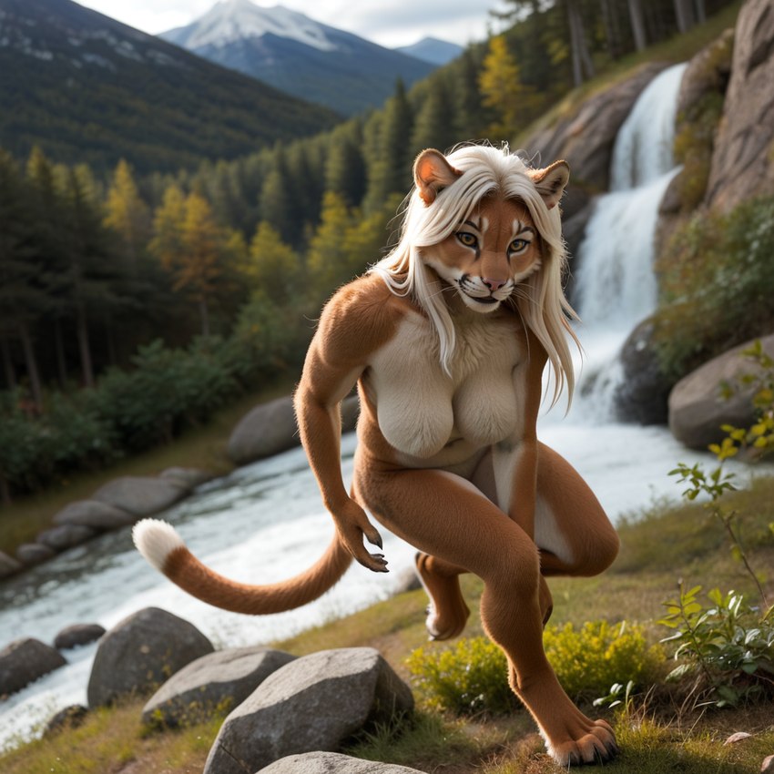 anthro blonde_hair chasing digitigrade female forest fur grass hair long_hair looking_at_viewer mountain multicolored_body multicolored_fur nude plant ponyrealism_(model) pounce river rock running smile solo tree waterfall director_crashbandit cougar felid feline mammal pantherine