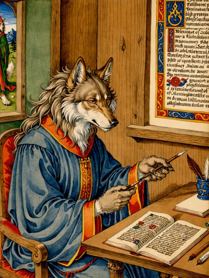 ambiguous_gender anthro baggy_clothing being_watched book brown_body brown_fur chair clothing countershading duo fur furniture inside looking_at_another loose_feather medieval medieval_clothing on_chair quill robe sitting sitting_on_chair solo_focus table three-quarter_view window yellow_eyes cei canid canine canis mammal wolf hi_res