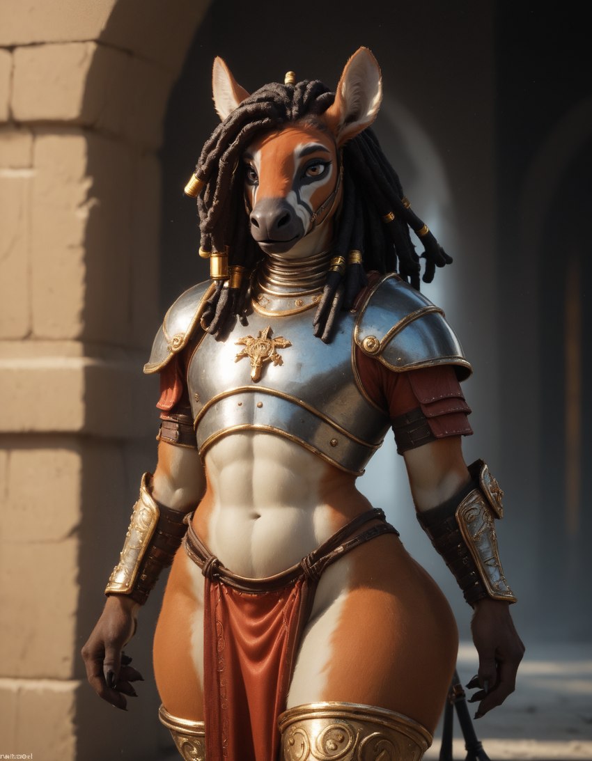 abs anthro armor dreadlocks femboy fur male multicolored_body solo two_tone_body wide_hips redstallion_(director) equid equine giraffid mammal okapi hi_res