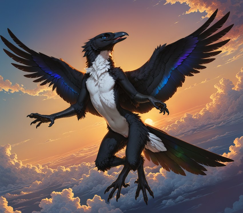 4_toes 5_fingers anthro beak belly black_body blue_eyes claws cloud digitigrade evening feathered_wings feathers featureless_chest feet female fingers flat_chested fluffy flying iridescent looking_at_viewer midair neck_tuft open_beak open_mouth peach_pussy scuted_arms scuted_legs scutes sky slim smile solo sunset tail_feathers toes tongue tuft white_belly wings oldhroft avian bird corvid magpie_(corvid) oscine passerine hi_res