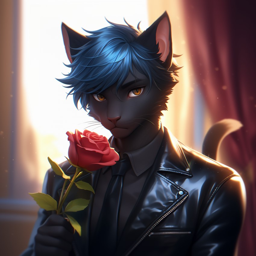 amber_eyes anthro blue_hair clothing curtains depth_of_field eyebrows flower hair holding_flower holding_object jacket leaf leather leather_clothing leather_jacket leather_topwear light male necktie particles pink_inner_ear pink_nose plant rose_(flower) short_hair solo tail topwear whiskers sappy_(director) felid feline mammal hi_res lighting shaded