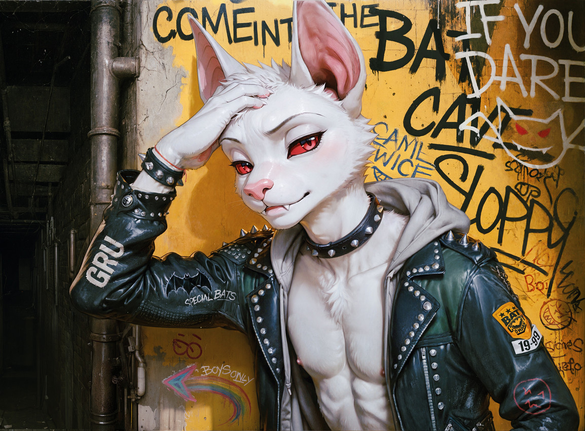 5_fingers abandoned_building anthro arm_spikes armband arrow_sign badge bat_ears biker biker's_wear black_clothing black_eyebrows bracelet chest_tuft choker claws clothed clothing collar concrete cuff_(restraint) cute_fangs damaged_clothing detailed_background dirty dirty_clothing drawstring emoji eyebrows fangs fingers fur graffiti green_clothing grey_clothing grey_hoodie grey_topwear grimace hair hood hood_down hoodie jacket jewelry leather leather_clothing leather_collar leather_cuffs leather_jacket leather_topwear lips logo logo_on_clothing male metal military mischievous_expression necklace nipples nose number_on_clothing open_clothing open_hoodie open_jacket open_topwear partially_clothed patch_(fabric) pawpads paws pink_ears pink_lips pink_nipples pink_nose pink_pawpads pinup pipe pose punk rainbow red_clothing red_eyes red_string reflection restraints ribs rivets sewer short_claws shoulder_pads shoulder_spikes simple_background skinny skinny_anthro skinny_male smile smirk smirking_at_viewer solo spiked_armband spiked_bracelet spiked_choker spiked_clothing spiked_collar spikes spikes_(anatomy) spiky_hair sticker street streetwear strings studded_jacket studs suggestive suggestive_look symbol teasing teeth text textured_background topwear tuft underground urban urban_background wall_(structure) white_body white_claws white_fur white_hair wristband yellow_background zipper zipper_down sloppycat soulbat_(sloppycat) bat mammal microbat phyllostomid vampire vampire_bat yangochiropteran absurd_res digital_media_(artwork) hi_res painting_(artwork) signature traditional_media_(artwork) watercolor_(artwork)