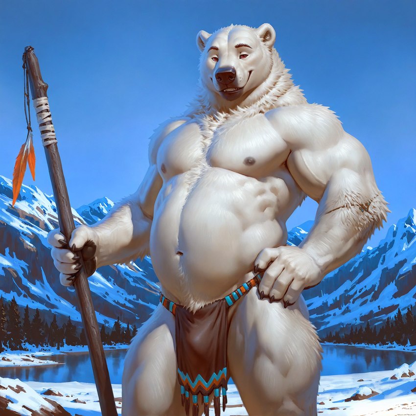 anthro bottomwear clothing fur loincloth loincloth_only looking_at_viewer male mountains musclegut muscular muscular_anthro muscular_male nipples pecs plant red_eyes snow solo staff tree white_body white_fur rb2303 mammal polar_bear ursid ursine hi_res