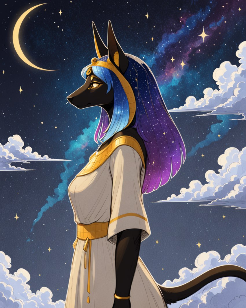 anthro black_body black_fur blue_hair bracelet breasts clothed clothing cloud cosmic_background dress egyptian egyptian_clothing female fur gold_(metal) gold_bracelet gold_jewelry hair headgear jewelry long_hair moon necklace night outside side_view sky solo standing star starry_sky white_clothing yellow_eyes aphid butterwolf anubian_jackal canid canine canis deity domestic_cat felid feline felis jackal mammal gold digital_media_(artwork) hi_res portrait