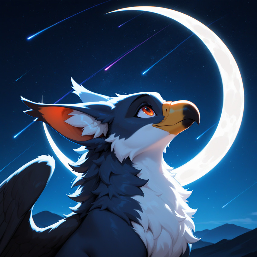 backlighting beak big_ears blue_body closed_smile crescent_moon ear_tuft feathered_wings feathers feral fluffy glistening glistening_eyes inner_ear_fluff light looking_up male markings moon moonlight mountains multicolored_body night orange_eyes raised_head shooting_star side_view solo space star toony tuft two_tone_body white_body wings merl merl_(character) avian gryphon mythological_avian hi_res icon lighting portrait