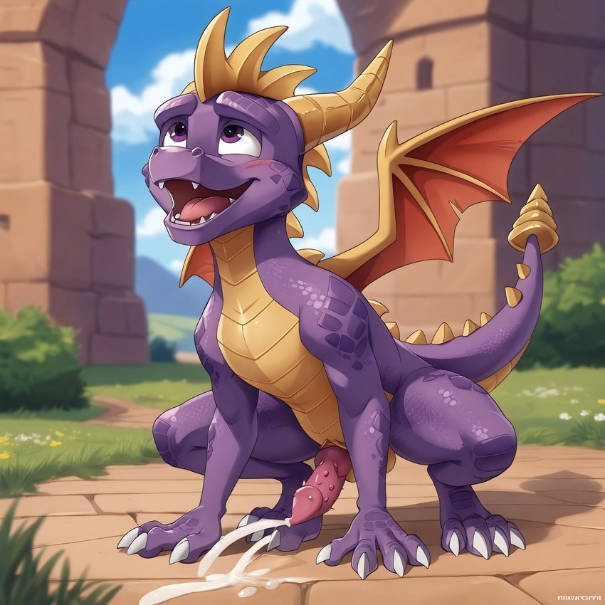 animal_genitalia balls bodily_fluids claws crouching cum cumshot ejaculation feral genital_fluids genital_slit genitals grass looking_pleasured male nude penile_spines penis plant purple_body purple_eyes raised_tail scales slit solo stable_diffusion eclipsetheorca spyro_(series) spyro_the_dragon spyro dragon scalie absurd_res hi_res