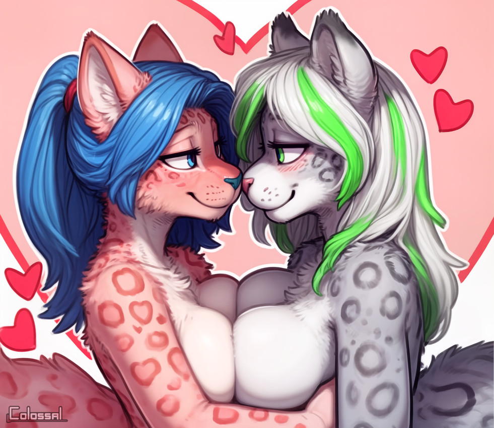 <3 asymmetrical_breast_frottage big_breasts blue_eyes blue_hair blush breast_squish breasts breasts_frottage duo embrace eye_contact eyelashes face_to_face female female/female fur green_eyes green_hair grey_body grey_fur hair half-closed_eyes heart_background hug inner_ear_fluff leopard_spots long_hair looking_at_another markings multicolored_hair narrowed_eyes nose_to_nose nude pink_body pink_fur ponytail side_boob side_view simple_background smile spots spotted_body spotted_fur squish tail tuft white_body white_fur white_hair colossal_exhoost_fume valentine's_day felid mammal pantherine snow_leopard hi_res shaded