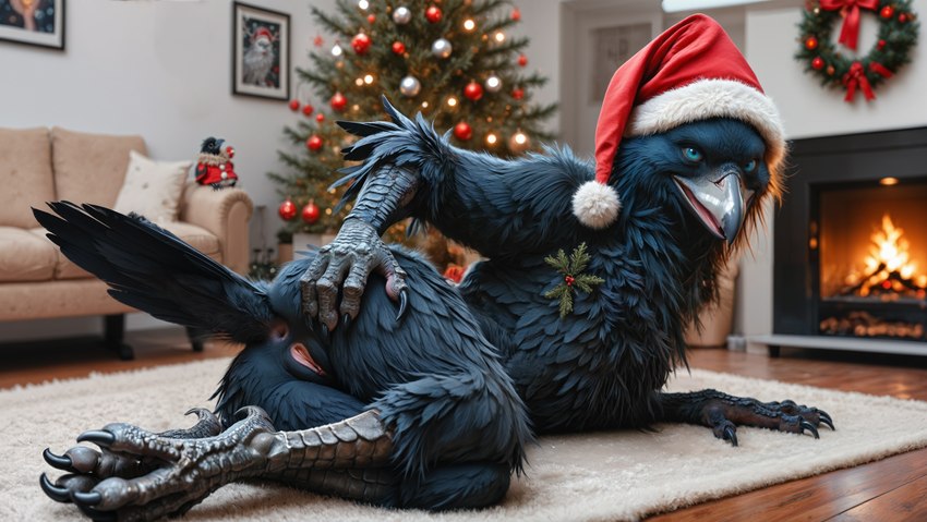 anthro anus avian_feet beak bird_feet black_anus black_body black_feathers blue_eyes butt carpet christmas christmas_clothing christmas_headwear christmas_theme christmas_tree claws clothing feathers female fireplace flat_chested genitals hat headgear headwear living_room lying on_side plant presenting presenting_anus presenting_hindquarters presenting_pussy pussy santa_hat scalie_feet solo spread_butt spreading tail_feathers tree hummuna avian bird corvid corvus_(genus) crow oscine passerine absurd_res hi_res