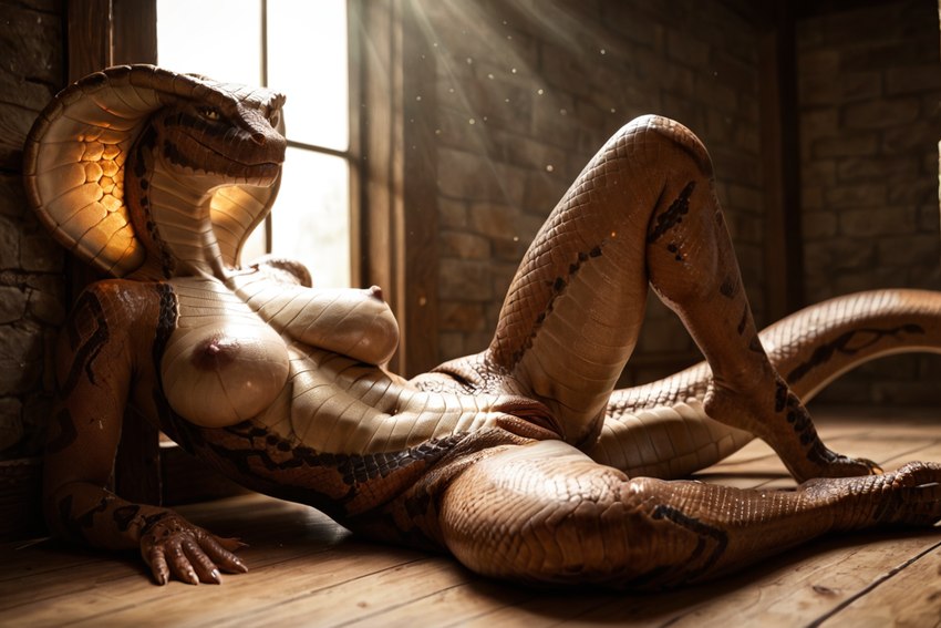 anthro breasts brown_body brown_scales countershading female genitals lying lying_on_ground medium_breasts on_back presenting presenting_pussy pussy scales snake_hood solo spread_legs spreading niru humanoid reptile scalie snake