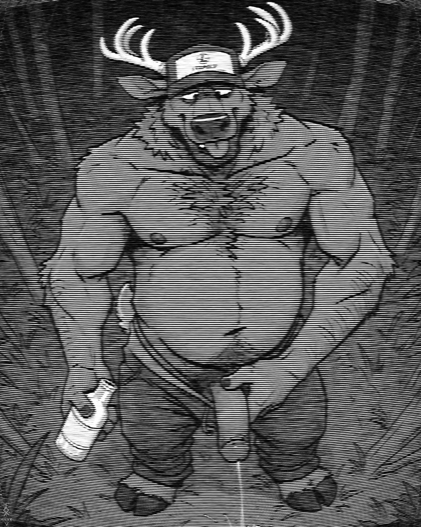 alcohol anthro antlers arm_hair baseball_cap beard beer belly beverage blep bodily_fluids body_hair bottle bottomwear bottomwear_down brown_body brown_fur chest_hair chest_tuft clothed clothing cloven_hooves crt_effect drunk facial_hair forest fur genital_fluids genitals grass happy_trail hat headgear headwear high-angle_view holding_bottle holding_object holding_penis hooves horn humanoid_genitalia humanoid_penis looking_down male male_peeing manly musclegut muscular muscular_anthro muscular_male navel night nipples outside pants pants_down partially_clothed peeing penis plant pubes slightly_chubby smile solo standing substance_intoxication sweatpants teeth tongue tongue_out topless tree tuft urine urine_on_ground urine_stream fox1400 cervid mammal absurd_res full-length_portrait greyscale hi_res monochrome portrait signature