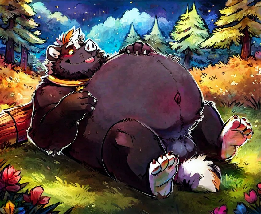 anthro balls beard belly big_belly black_body black_fur blaze_(marking) blush claws collar collar_only detailed_background facial_hair facial_markings finger_claws flower fur genitals hair hand_on_stomach head_markings log looking_up lying male markings multi_tone_tail multicolored_hair navel night_sky nude obese obese_male on_back orange_hair orange_tail_tip outie_navel outside overweight overweight_male pig_nose plant solo three-quarter_view toe_claws tongue tongue_out tree two_tone_hair white_hair white_nose wood muskwalker musky_(muskwalker) hog-nosed_skunk humboldt's_hog-nosed_skunk mammal mephitid skunk full-length_portrait portrait