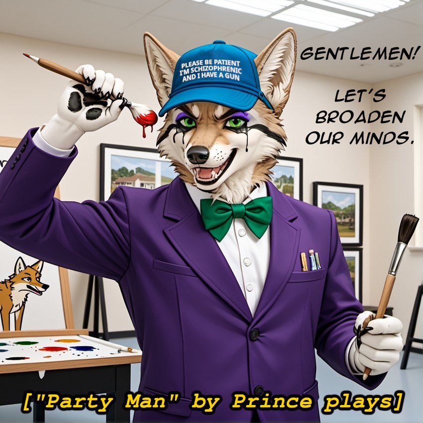 anthro bodypaint bowtie brush clothing face_paint hat headgear headwear humor male paintbrush painting solo suit text hyote hyote(character) canid canine canis coyote mammal