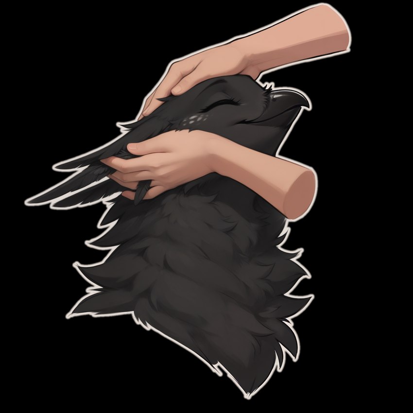 anthro beak black_body black_fur disembodied_hand duo ear_rub eyes_closed feathers female fluffy fur happy headpat neck_tuft outline side_view simple_background smile spots spotted_body spotted_fur transparent_background tuft oldhroft shadow_(oldhroft) avian human mammal velari alpha_channel headshot_portrait hi_res portrait