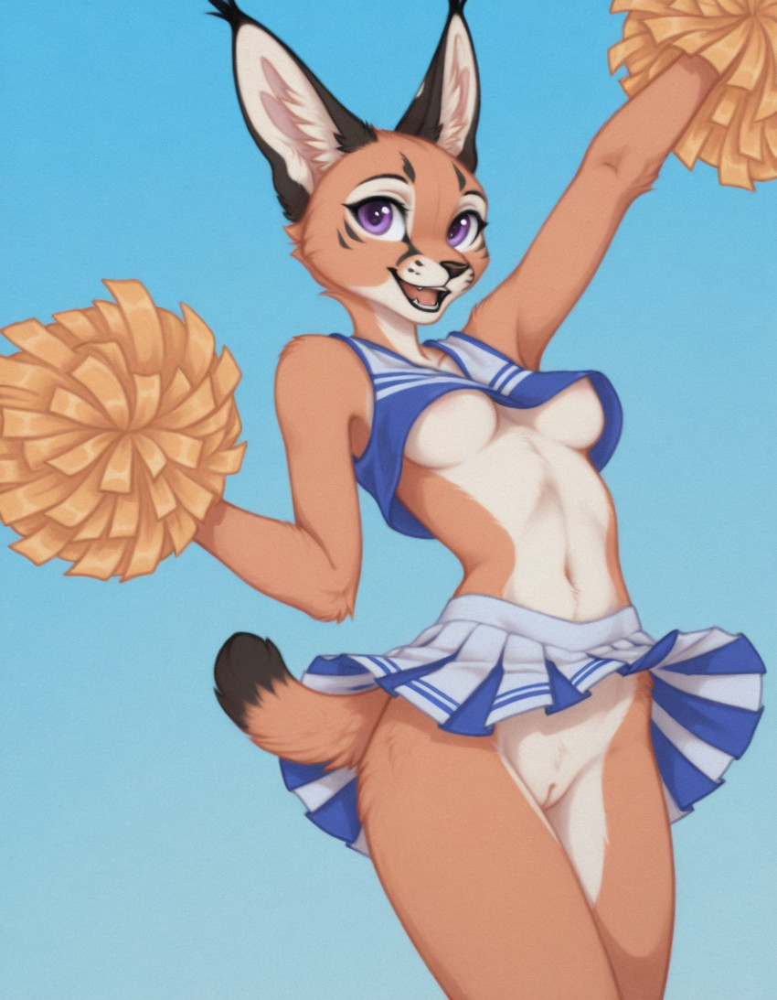 anthro black_body black_fur black_lips black_nose blue_background bottomwear breasts cheek_tuft cheerleader_outfit clothed clothing crop_top dipstick_tail facial_tuft fangs female front_view fur fur_markings genitals happy inner_ear_fluff lips markings medium_breasts multicolored_body multicolored_fur navel no_underwear orange_body orange_fur purple_eyes pussy shirt short_tail side_boob simple_background skirt smile solo standing tail_markings teeth tongue topwear tuft under_boob white_body white_fur foxgirlai felid feline lynx mammal hi_res