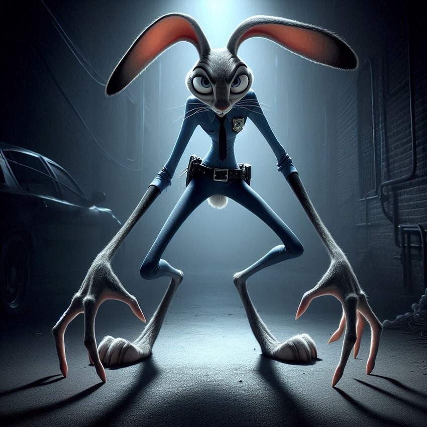 alley angry anthro belt belt_buckle blue_eyes car clothing creepy deformed digitigrade eyebrows feet female fingers furrowed_brow grey_body horror_(theme) long_arms long_ears long_legs police_uniform rolled_up_sleeves scut_tail shadow short_tail skinny solo subsurface_scattering toes uniform vehicle whiskers anonymous_director zootopia judy_hopps lagomorph leporid mammal rabbit 3d_(artwork) digital_media_(artwork)