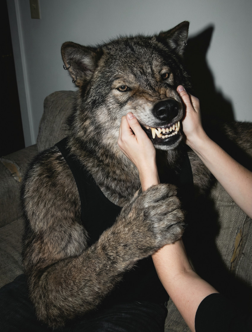 anthro bared_teeth black_lips bottomwear clothed clothing dark_body dark_fur detailed_fur disembodied_hand ear_piercing fangs fluffy front_view fur furniture holding_arm human_on_anthro interspecies lips living_room male muscular muscular_anthro muscular_male on_sofa pants photorealism piercing realistic realistic_fur realistic_lighting shirt sitting sitting_on_sofa snarling sofa solo tank_top teeth topwear tuft delken canid canine canis human mammal wolf detailed hi_res