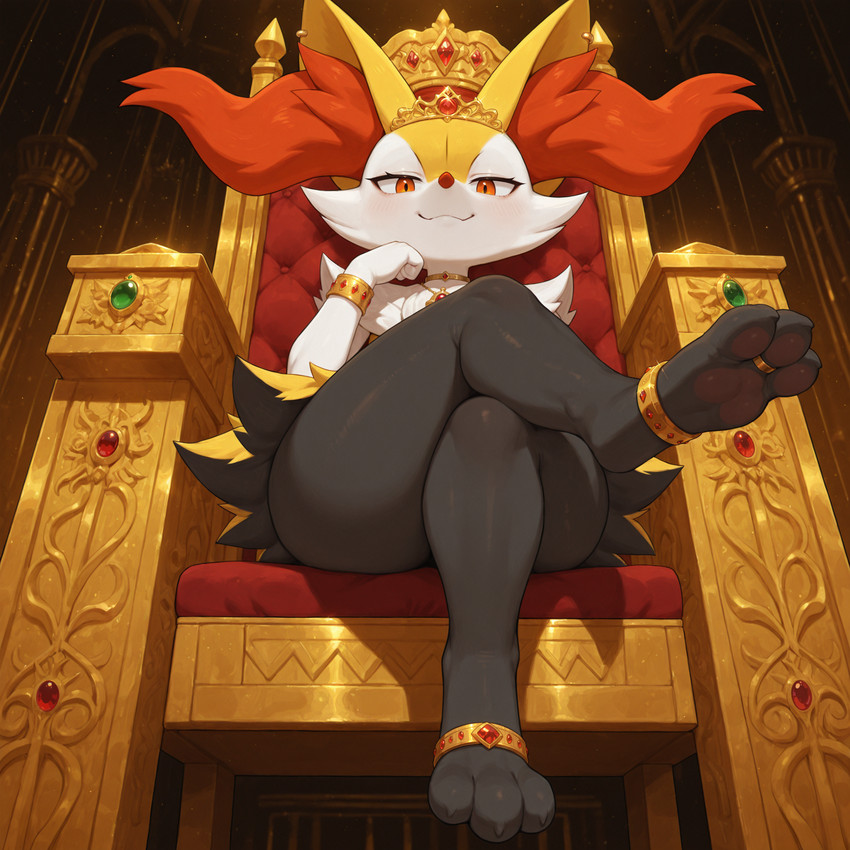 3_toes ambiguous_gender anklet anthro black_body bracelet chair crossed_legs crown digit_ring ear_piercing feet furniture gem jewelry looking_at_viewer looking_down low-angle_view necklace orange_eyes pawpads paws piercing ring sitting solo throne tiara toe_ring toes white_body wide_hips yellow_body pixvul nintendo pokemon braixen generation_6_pokemon pokemon_(species) hi_res