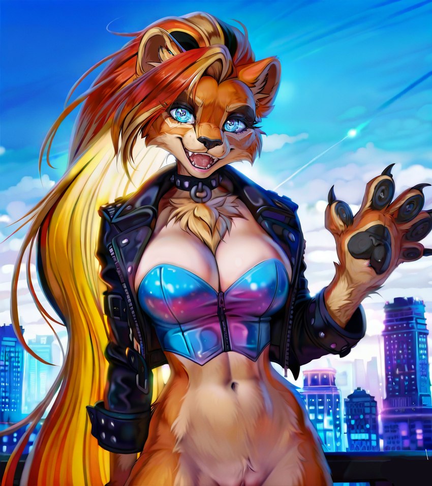 anthro bottomless choker clothed clothing corset female genitals gesture hair jacket jewelry lingerie long_hair looking_at_viewer necklace open_mouth open_smile pussy smile solo topwear waving waving_at_viewer denis0k canid canine canis mammal wolf